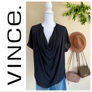 VINCE Asymmetrical 100% Silk Tunic Blouse - Black